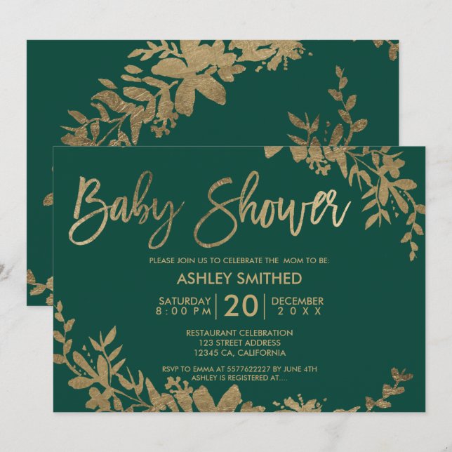 Gold typography leaf floral green baby shower invitation (Front/Back)