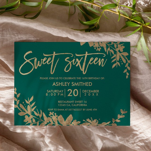 Gold typography leaf floral green sweet 16 invitation (Creator Uploaded)