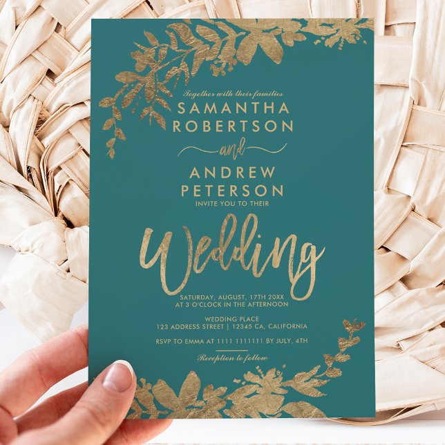 Gold typography leaf floral green teal wedding invitation (Creator Uploaded)