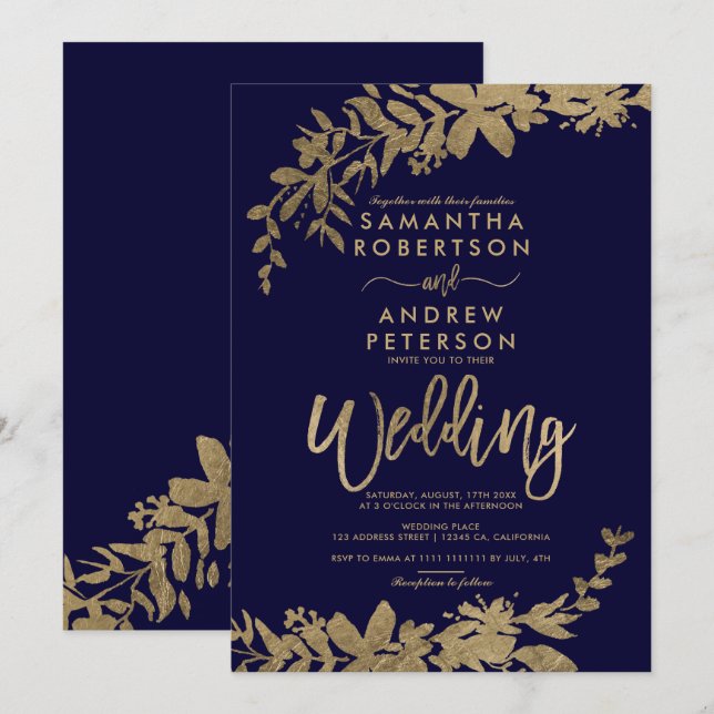 Gold typography leaf floral navy blue chic wedding invitation (Front/Back)