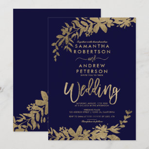 Gold typography leaf floral navy blue chic wedding invitation