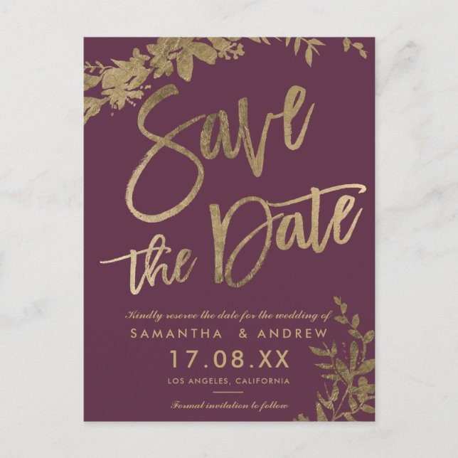 Gold typography leaf floral plum save the date announcement postcard (Front)