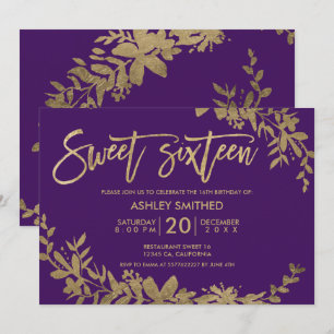 Gold typography leaf floral purple sweet 16 invitation