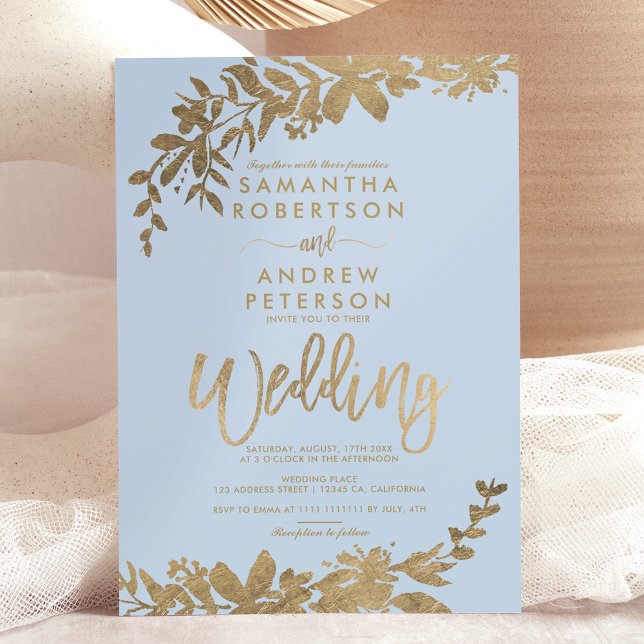 Gold typography leaf floral teal blue wedding invitation (Gold typography leaf floral teal blue wedding invitation)
