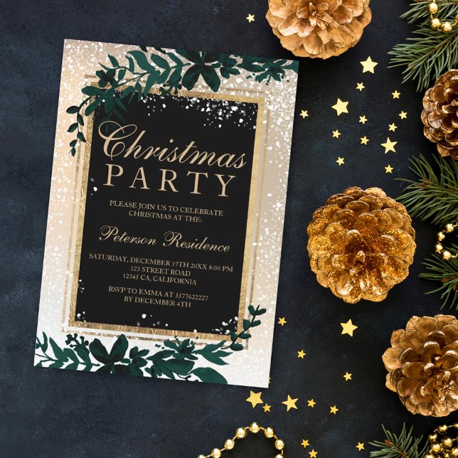 gold typography leaf snow elegant chic Christmas Invitation (Creator Uploaded)