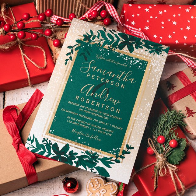gold typography leaf snow elegant winter wedding invitation (Creator Uploaded)