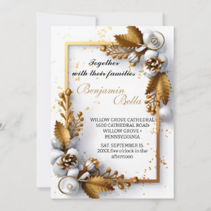 gold typography leaf snow elegant winter wedding invitation