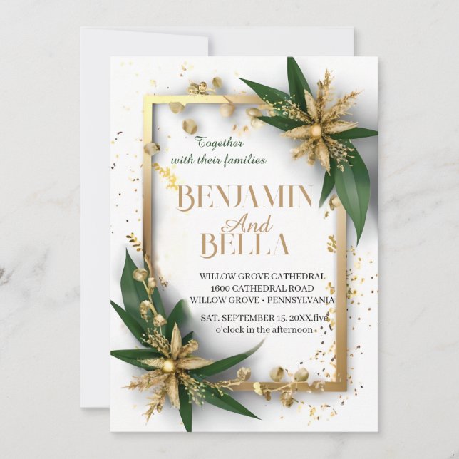 gold typography leaf snow elegant winter wedding invitation (Front)