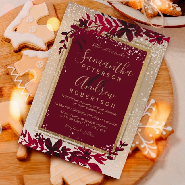 gold typography leaf snow red winter wedding invitation (Creator Uploaded)