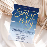 Gold typography navy blue watercolor Sweet 16 Invitation<br><div class="desc">Modern faux gold typography navy blue watercolor brushstrokes sweet sixteen birthday invitation. A modern,  simple,  elegant and chic faux gold brush hand lettering typography on a hand painted navy blue ombre watercolor background..</div>
