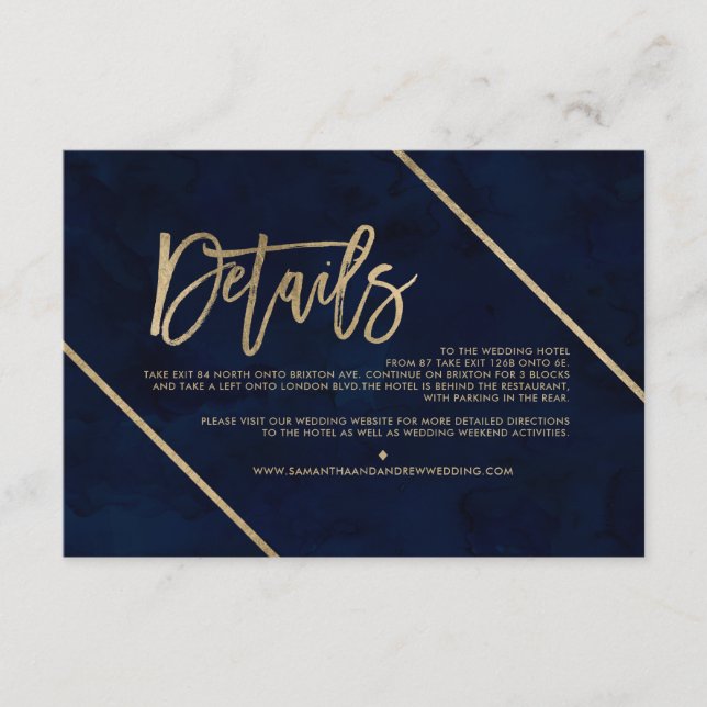 Gold typography navy blue wedding direction enclosure card (Front)