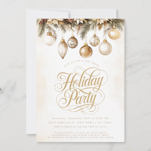 Gold Typography Ornaments Baubles Christmas Party Invitation (Front)