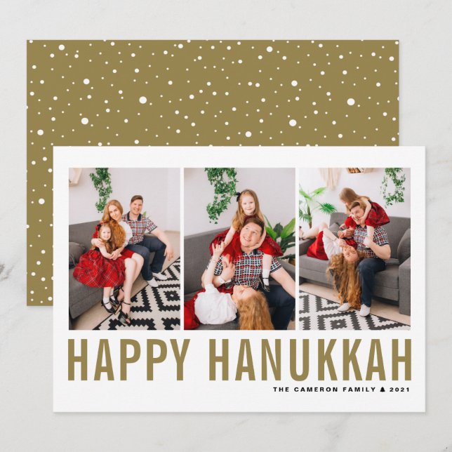 Gold Typography Photo Collage Happy Hanukkah Holiday Card (Front/Back)