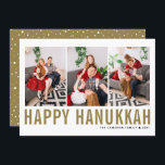 Gold Typography Photo Collage Happy Hanukkah Holiday Card<br><div class="desc">Happy Hanukkah! Customisable Happy Hanukkah photo collage flat card featuring gold simple typography and snow pattern. Personalise by adding three photos,  names,  year and other details. This modern Hanukkah flat card is available in other colours and cardstock.</div>