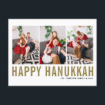 Gold Typography Photo Collage Happy Hanukkah Holiday Postcard<br><div class="desc">Happy Hanukkah! Customisable Happy Hanukkah photo collage postcard featuring gold simple typography and snow pattern. Personalise by adding three photos,  names,  year and other details. This modern Hanukkah postcard is available in other colours and cardstock.</div>