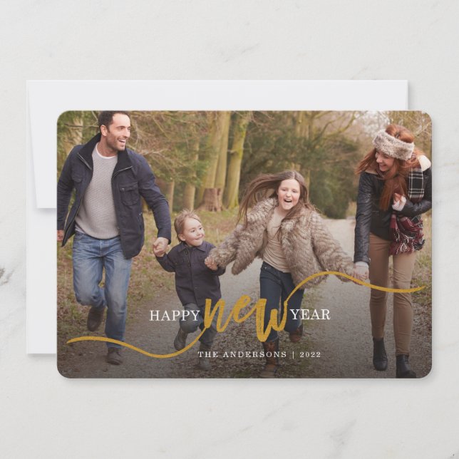 Gold Typography Photo Happy New Year Holiday Card (Front)