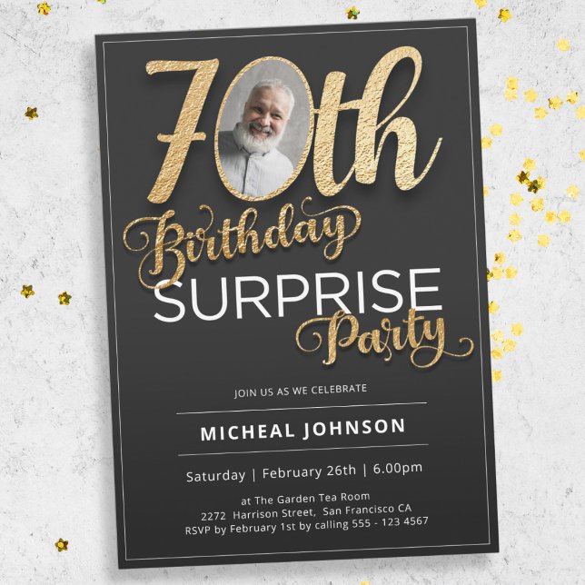 Gold Typography Photo Surprise 70th Birthday  Invitation (Mockup View)