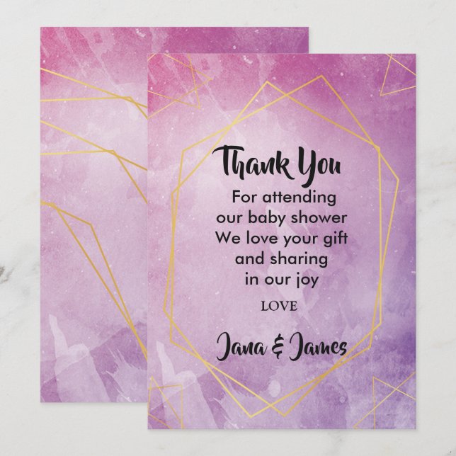 Gold typography pink watercolor thank you invitation (Front/Back)