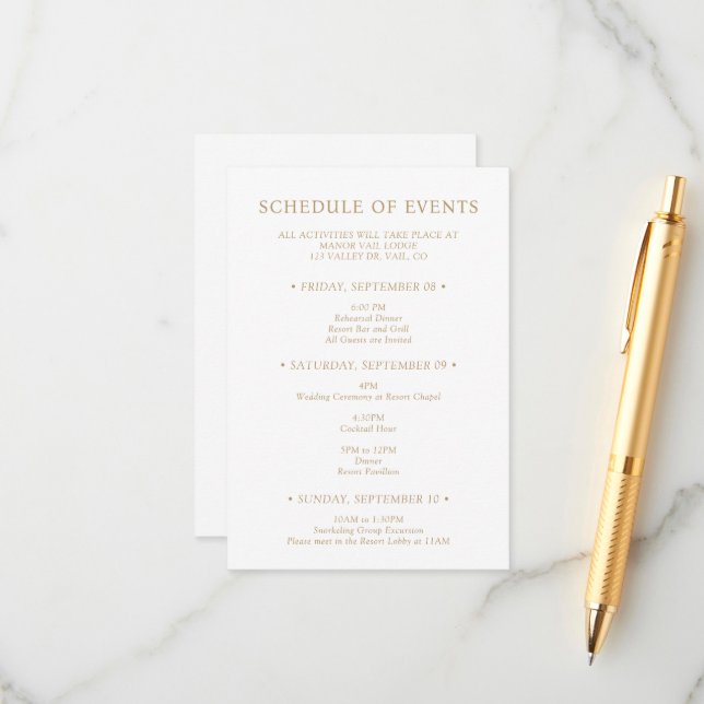 Gold Typography Wedding Weekend Schedule of Events Enclosure Card (Front/Back In Situ)