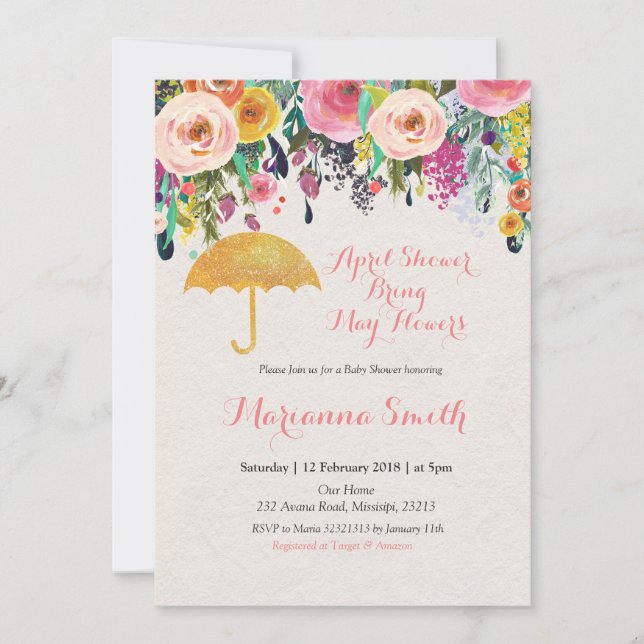 Gold Umbrella April Shower Bring May Flowers Invitation (Front)