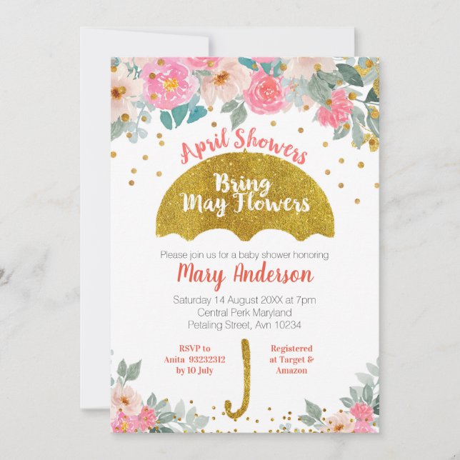 Gold Umbrella April Showers Bring May Flowers Invitation (Front)