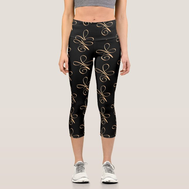 Gold Unconditional Love Scattered Black Background Capri Leggings (Front)