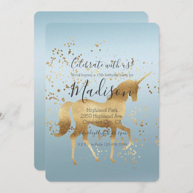 Gold Unicorn Aqua Ombre birthday Invitation (Front/Back)