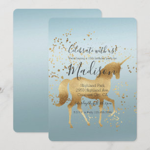 Gold Unicorn Aqua Ombre birthday Invitation