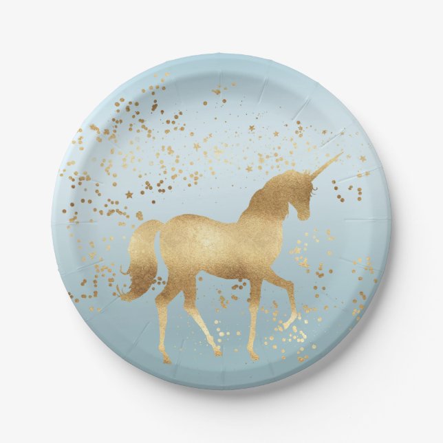 Gold Unicorn Aqua Ombre Paper Plate (Front)