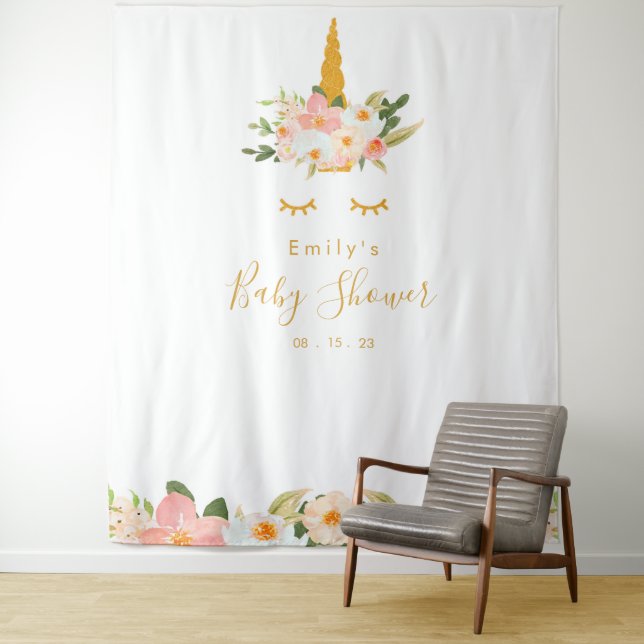 Gold Unicorn Baby Shower Backdrop Tapestry (In Situ)