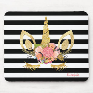 Gold Unicorn Face,Black White Stripes Mouse Mat