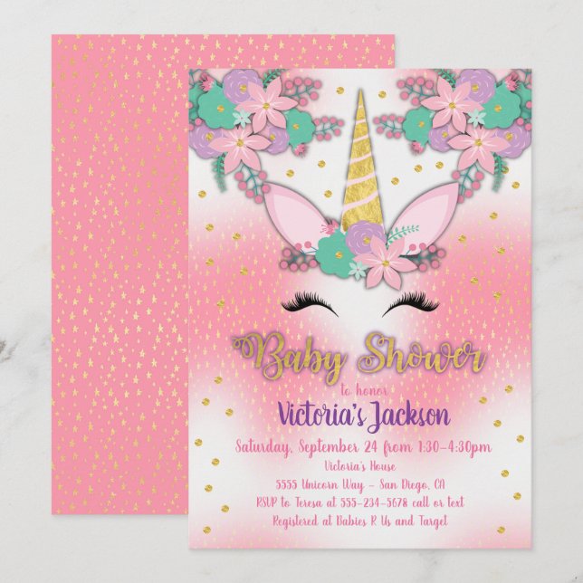 Gold Unicorn Floral Baby Shower Invitation (Front/Back)