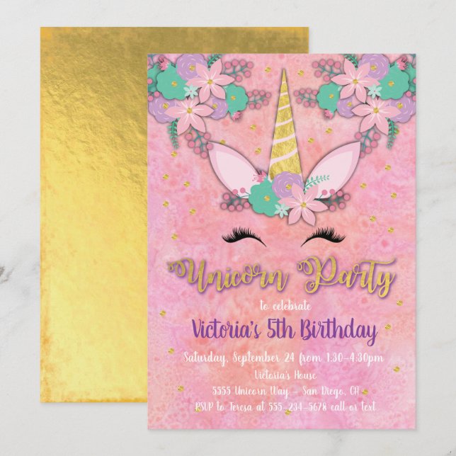 Gold Unicorn Floral Birthday Party Invitation (Front/Back)