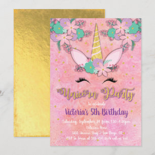 Gold Unicorn Floral Birthday Party Invitation