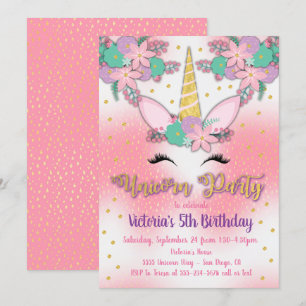 Gold Unicorn Floral Birthday Party Invitation