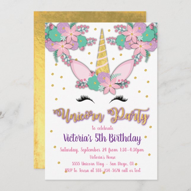 Gold Unicorn Floral Birthday Party Invitation (Front/Back)