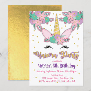 Gold Unicorn Floral Birthday Party Invitation