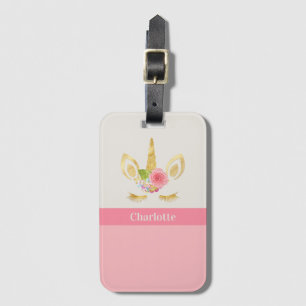 Gold Unicorn Peach Pink Trim Personalised Luggage Tag