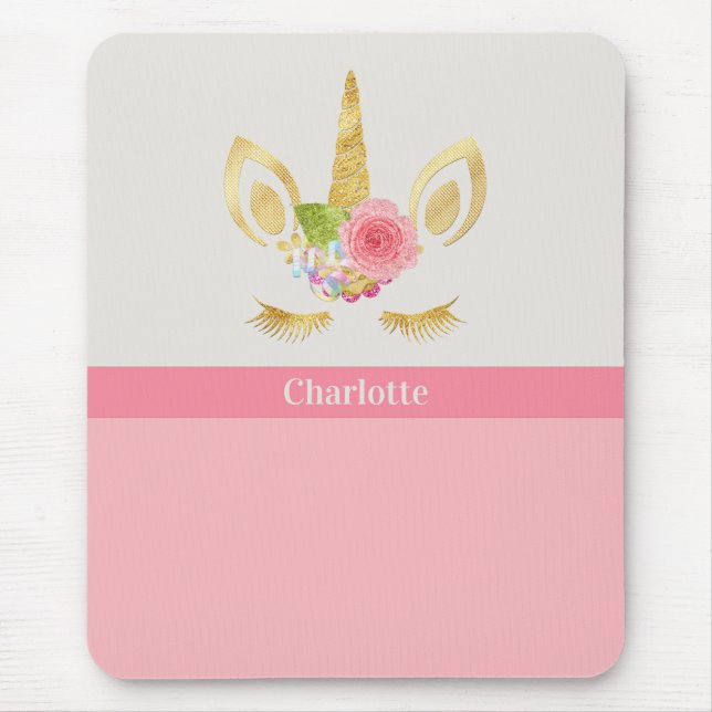 Gold Unicorn Peach Pink Trim Personalised Mouse Mat (Front)