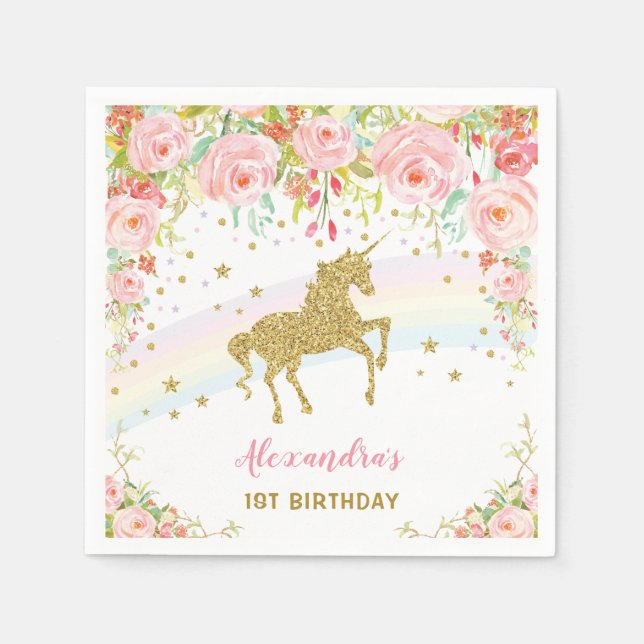 Gold Unicorn Pink Floral Birthday Paper Napkin (Front)