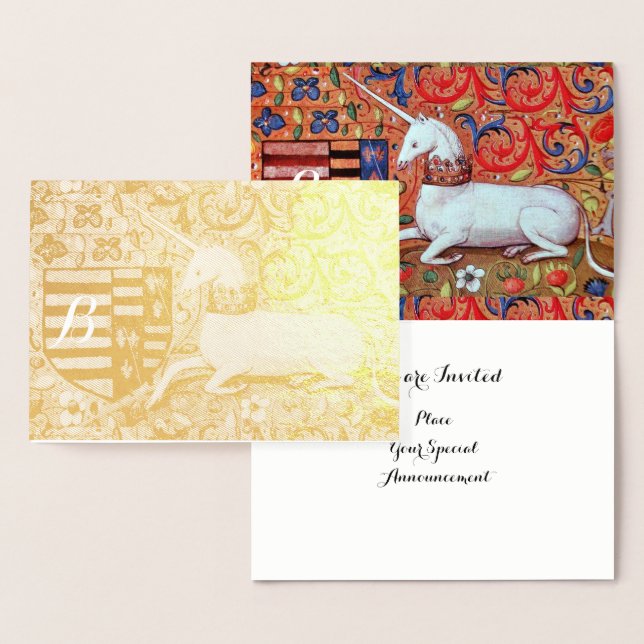 GOLD UNICORN RED BLUE FLORAL WEDDING  MONOGRAM FOIL CARD (Display)