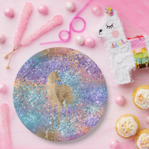 Gold Unicorn Sparkle Purple Aqua Pink Glitter  Paper Plate