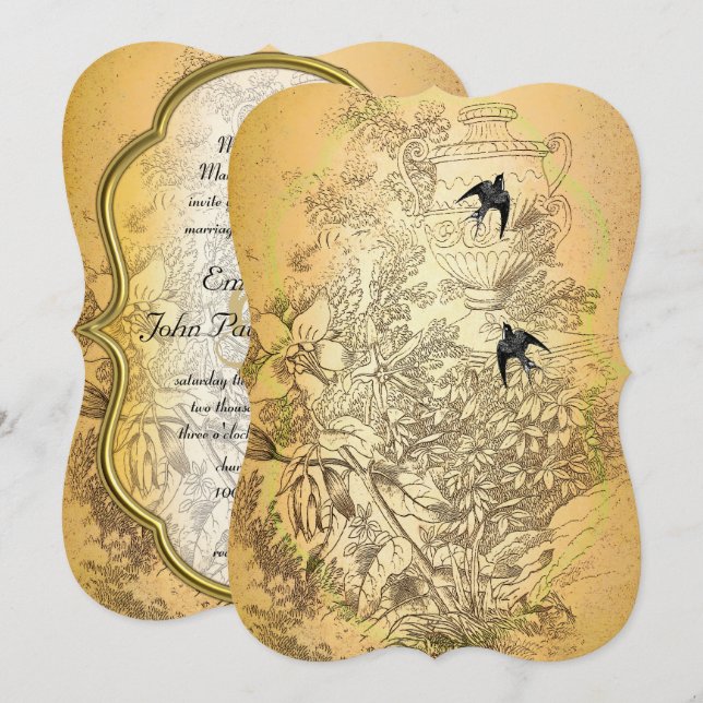 Gold Urn Vintage Birds Wedding Invitation (Front/Back)