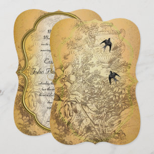 Gold Urn Vintage Birds Wedding Invitation