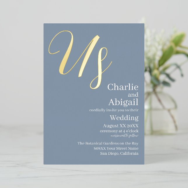 Gold US Modern Elegant Wedding on Dusty Blue (Standing Front)
