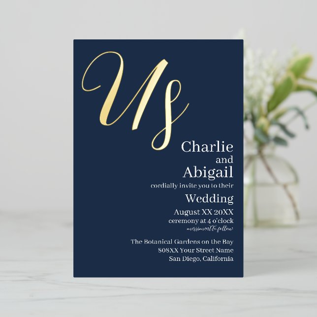 Gold US Modern Elegant Wedding on Navy Blue (Standing Front)