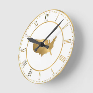 Gold USA Map with Roman Numerals Round Clock