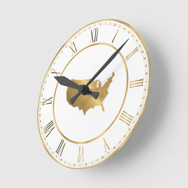 Gold USA Map with Roman Numerals Round Clock (Angle)