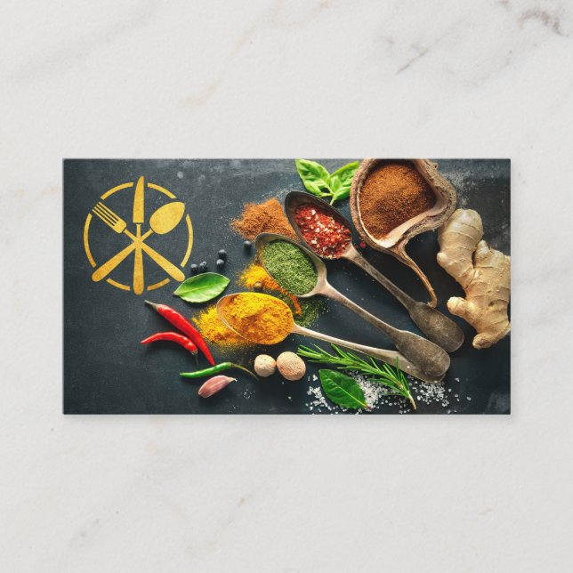 Gold Utensil Logo | Herbs and Spices | Culinary Business Card (Front)