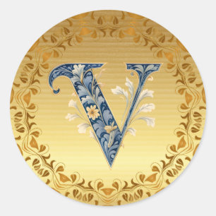 Gold V Monogram Classic Round Sticker